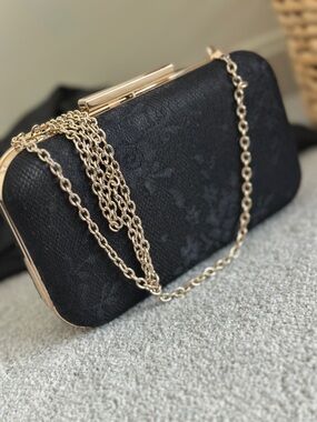 ALDO Black gold Lace Snap Top Clutch Cross Shoulder New Without Tag